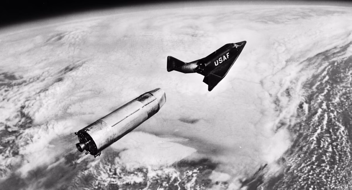 X-20 Dyna-Soar separating from its Titan booster in low Earth orbit