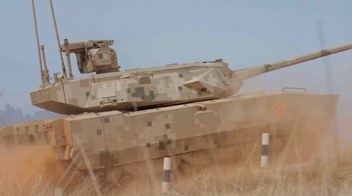 ZTZ-100 (Type 100) main battle tank maneuvering at speed during a field exercise, showing its low-profile unmanned turret and GL-6 APS unit mounted on top