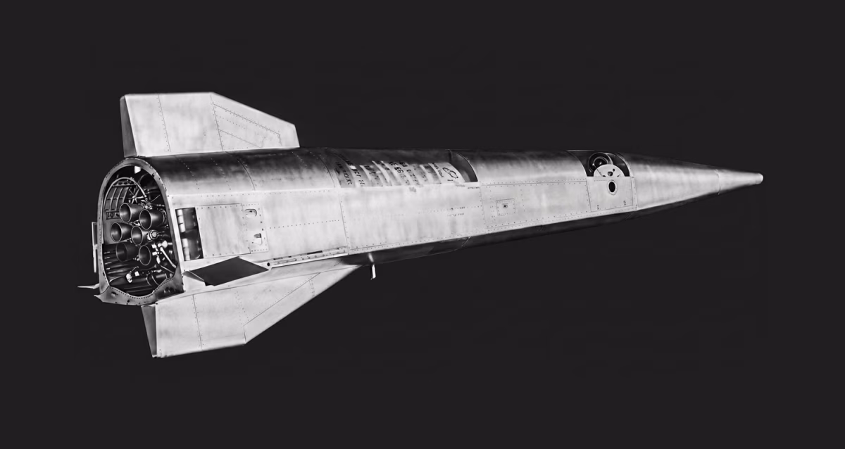 AI-rendered illustration of the Tupolev Tu-130 boost-glider, showing the stainless steel airframe, swept delta wing, and rear rocket engine cluster against a dark background
