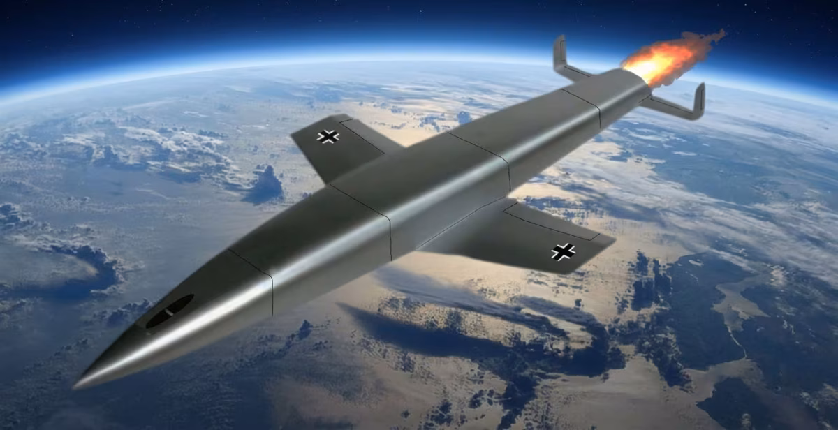 Artist's rendering of the Silbervogel suborbital rocket bomber in flight above Earth's atmosphere, showing the aircraft's distinctive elongated fuselage, stubby wedge wings marked with Luftwaffe crosses, and rocket engine firing from the tail