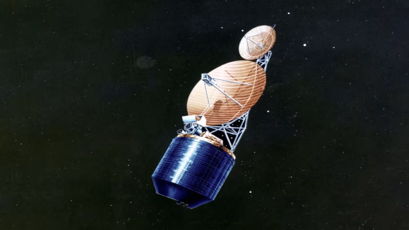 NRO artist illustration of a Jumpseat satellite in orbit, showing its large dish antenna and cylindrical solar drum body against a starfield.