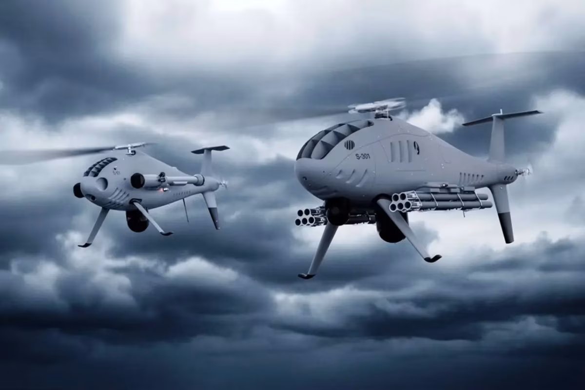 Two S-301 attack drone helicopters flying through cloudy skies, equipped with multi-barrel rocket pods and mounted weapon systems visible on their sides