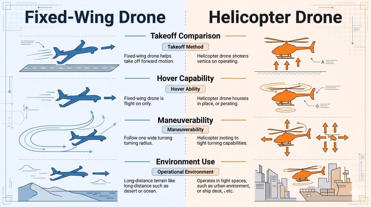 Diagram comparing fixed-wing drone vs helicopter drone showing takeoff, hover, and maneuverability differences