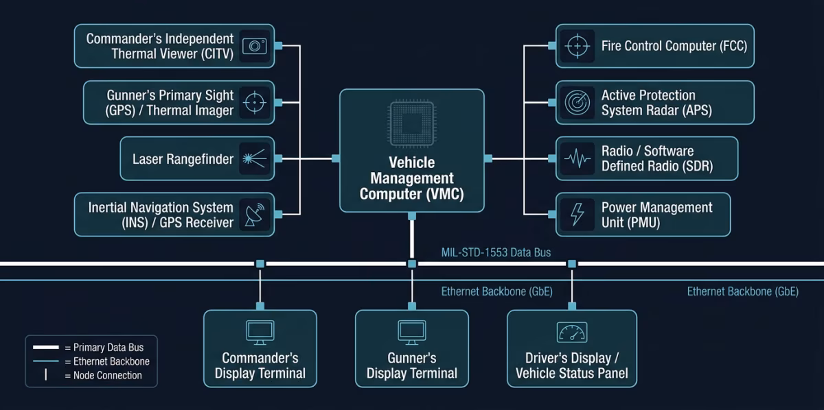 Diagram showing a vetronics data bus architecture inside a modern main battle tank, with sensor nodes, the vehicle management computer, and crew interface terminals labeled