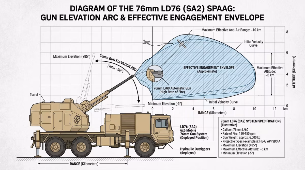Diagram showing the 76mm gun elevation arc and approximate effective engagement envelope of the LD76 (SA2) SPAAG