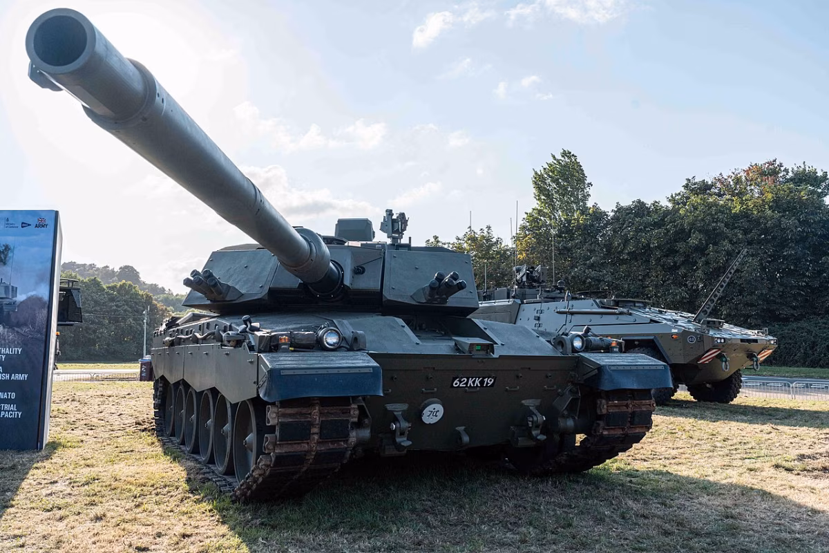 Pre-production Challenger 3 main battle tank on static display at DVD 2024, Millbrook Proving Ground, showing the Rheinmetall 120mm L55A1 smoothbore gun and redesigned turret, September 2024