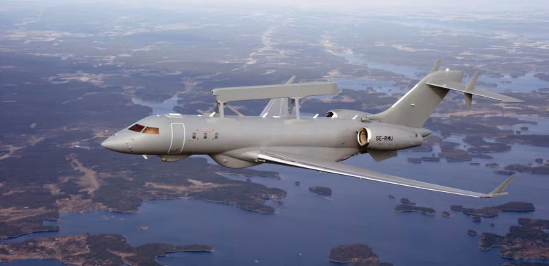 Saab GlobalEye AEW&C aircraft (registration SE-RMU) in flight, showing the dorsal Erieye ER radar housing on top of the Bombardier business jet fuselage