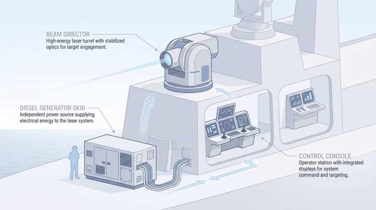 Diagram showing the AN/SEQ-3 LaWS mounted on the USS Ponce superstructure, with labeled components including the beam director, control console, and diesel generator skid