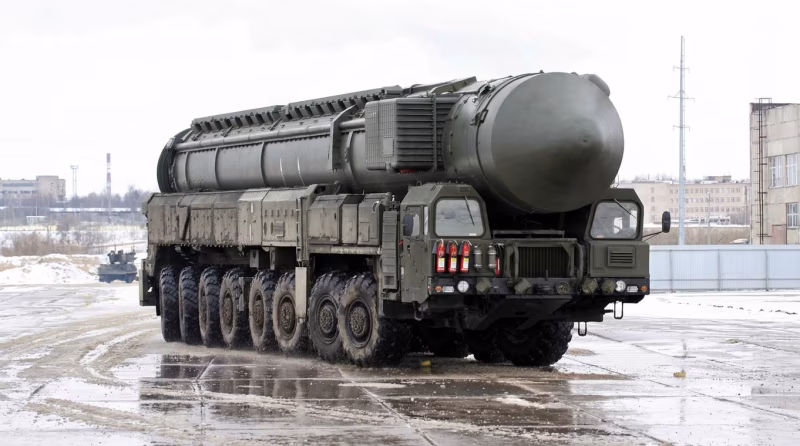 Russian road-mobile ballistic missile on a multi-axle TEL vehicle, photographed at a military facility.
