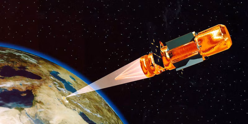 U.S. DoD illustration of a space-based laser weapon targeting Earth, concept art