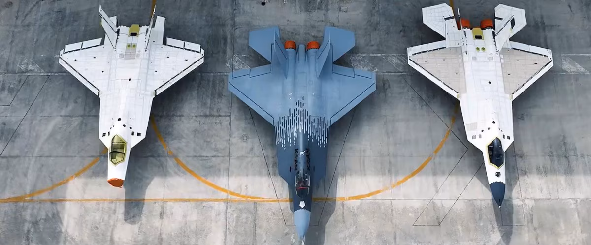 Overhead view of three TAI Kaan prototypes outside the TAI facility in Ankara