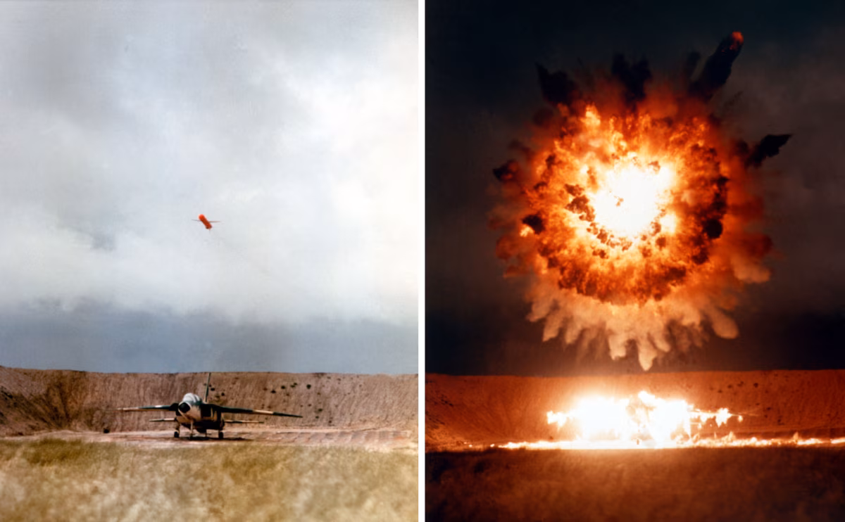 Two-panel U.S. Navy test photo from 1986 showing a UGM-109 Tomahawk approaching a target aircraft on San Clemente Island (left) and the resulting explosion on impact (right)