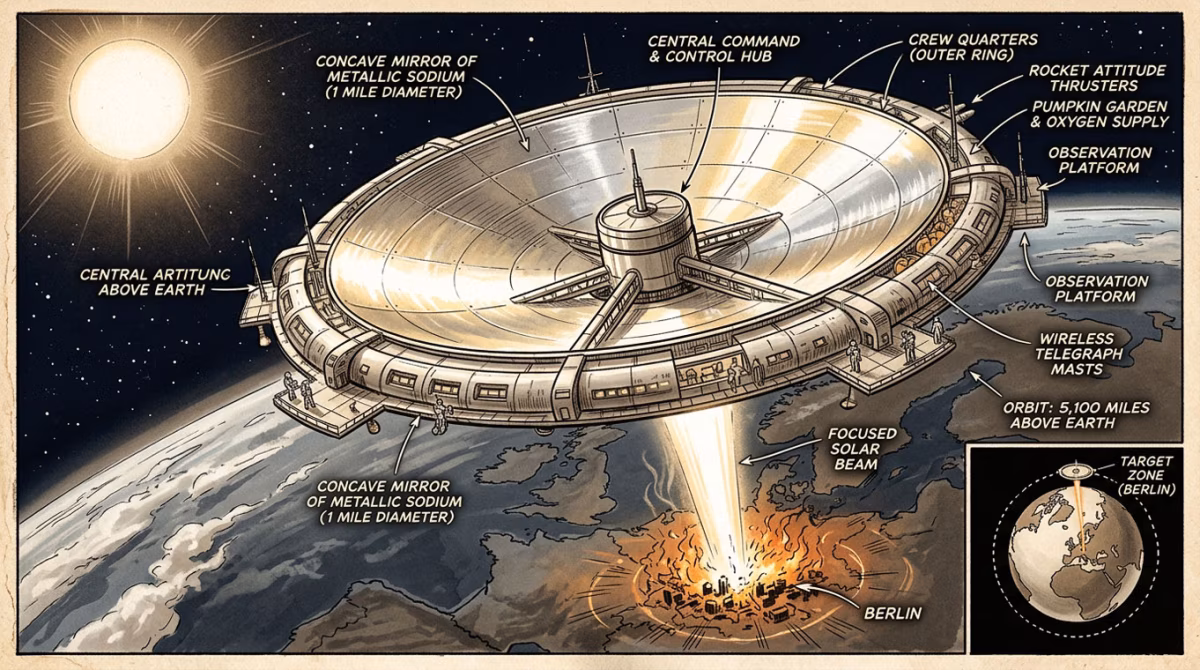 Diagram of the Sonnengewehr Sun Gun space station as published in Life magazine, July 1945, showing the orbital mirror and station structure