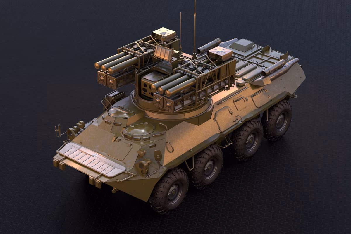 Krona-E combat vehicle mounted on a BTR-82A chassis showing the launch turret with ten missile tubes, electro-optical sensor suite, and armored hull