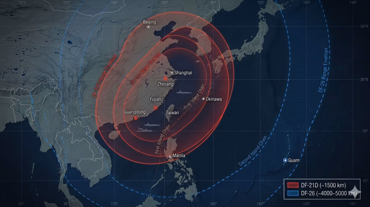 Diagram showing the estimated ranges of the DF-21D and DF-26 overlaid on a map of the Western Pacific, with concentric range rings centered on eastern China