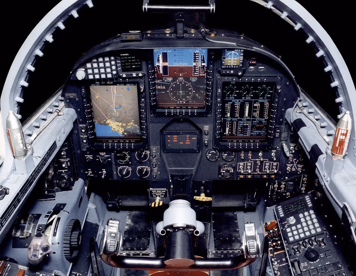 U-2S cockpit interior showing the RAMP-upgraded avionics suite, including a color moving map display, glass panel instruments, and modernized navigation and systems controls.
