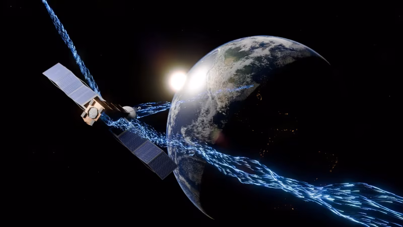 Satellite in orbit above Earth with glowing signal beams