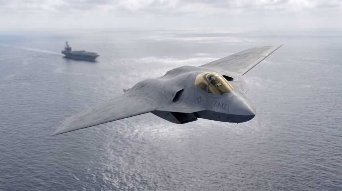 AI-generated illustration of the F/A-XX sixth-generation carrier fighter in flight over open ocean, showing its tailless delta-wing planform, dorsal air intake, and a U.S. Navy aircraft carrier visible in the background